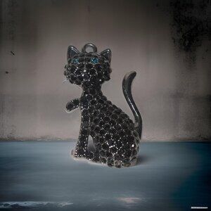 Hematite Black Crystal Halloween 1 1/4" Cat Pendant